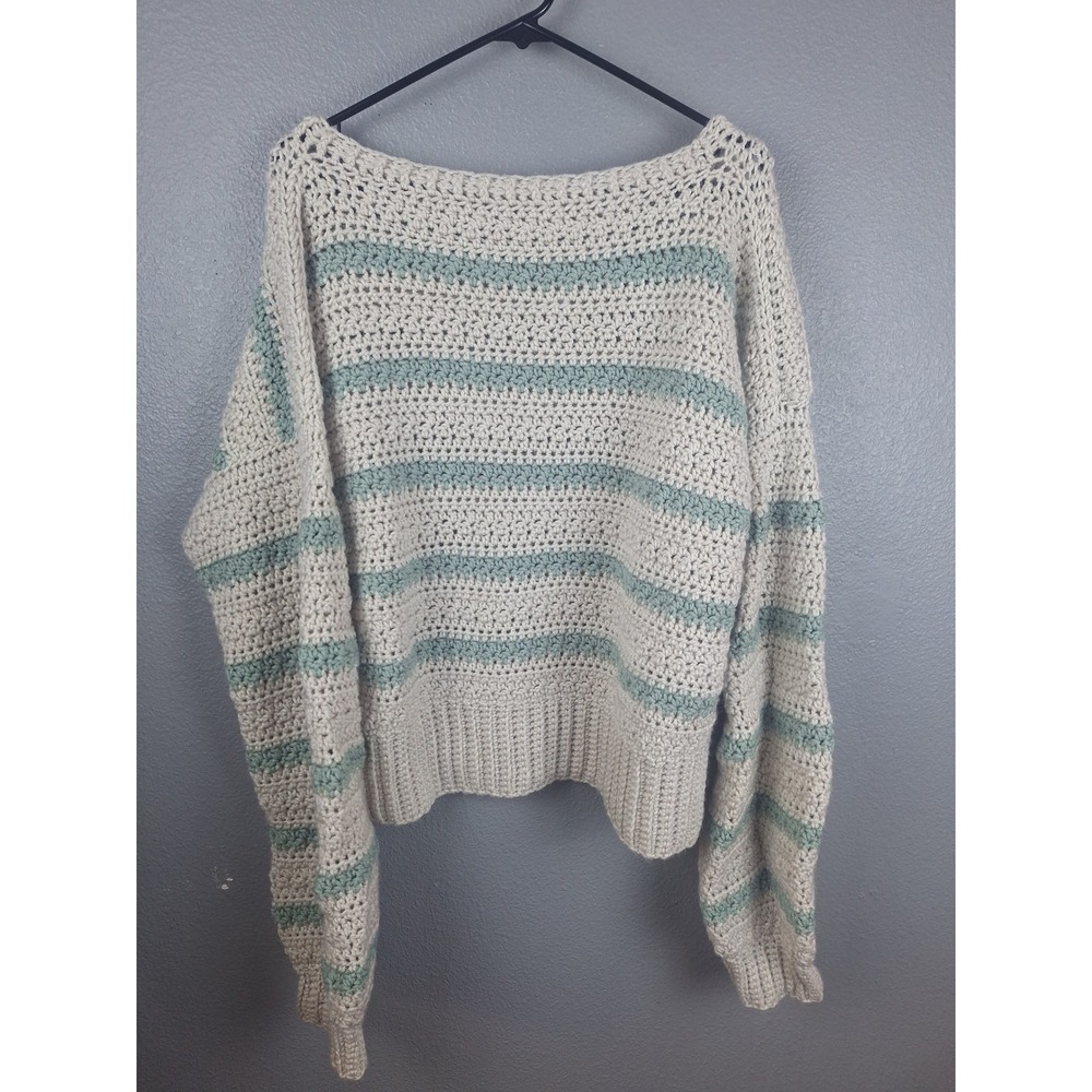 Handmade Crochet Sweater Women Large Cream Sage Green Striped Off Shoulder Boho